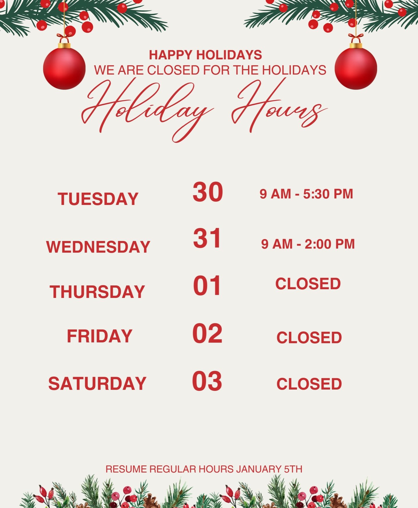 Happy New Year! We hope everyone is enjoying the Holiday season. We will be back to regular hours January 5th, 2025.