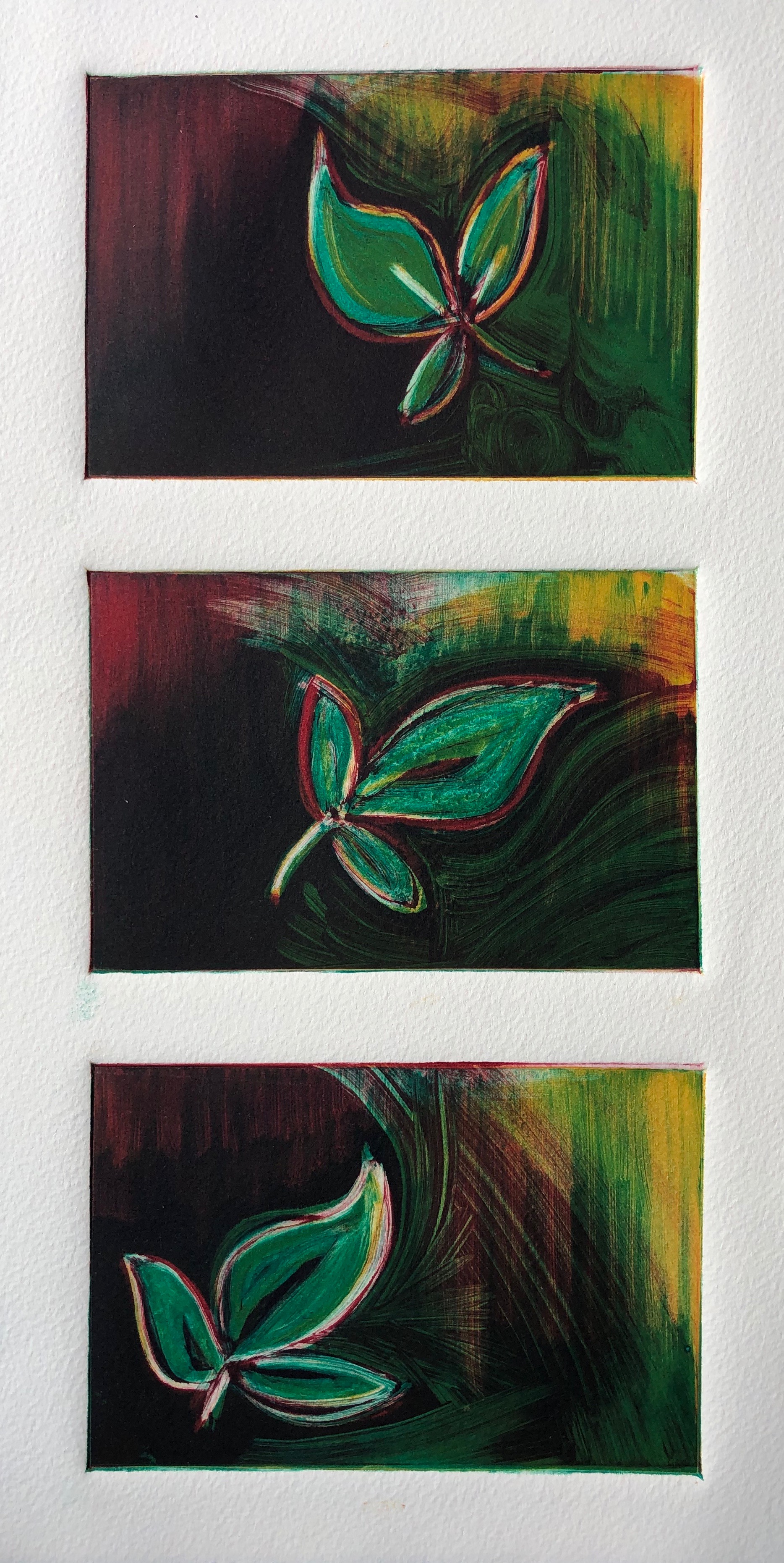 falling leaves 2019 | monotype | image: three of 4” x 6” | sheet size: 11’ x 15”