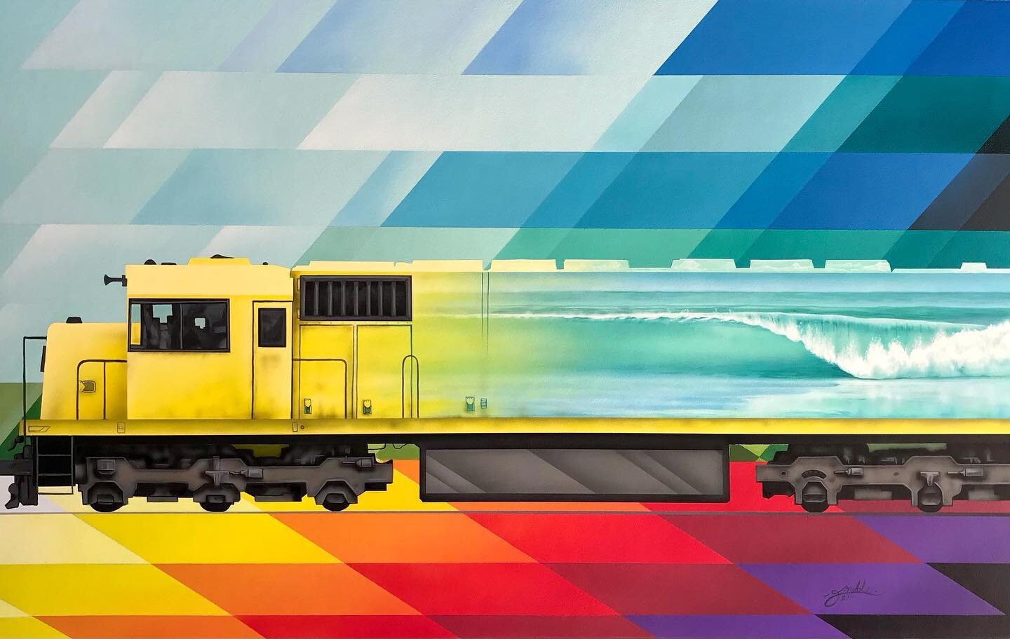 &lsquo;Freightdrainer&rdquo; 800x500mm
An ode to fast moving ,hollow and heavy waves On a backdrop inspired by early surfboard colour pallet and design.
 So stoked to finish this painting and finally the series is complete. 15 new painting , on show 