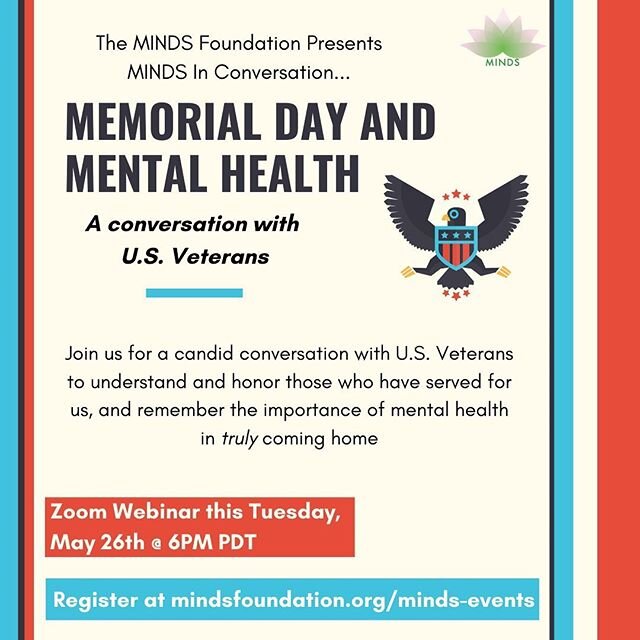 Webinar Announcement! &lsquo;Memorial Day and Mental Health&rsquo; on Tuesday, May 26th @ 6PM PDT on Zoom. Registration link in bio!

Join us for a conversation with U.S. Veterans about the importance of mental health in truly coming home as we honou