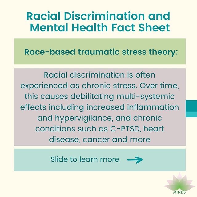 Racial discrimination has significant negative impacts on both mental and physical health. Swipe to learn more about this important connection &mdash;&gt; .
.
.
BIPOC mental health resources:
@thestevefund
@aakomaproject
@thisisdrkbeauty
@therapyforl
