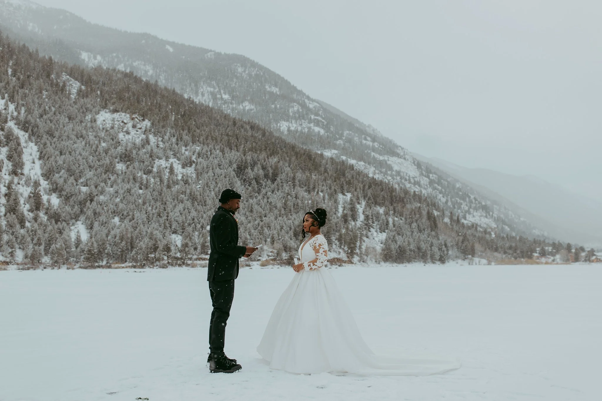Winter Snowy Frozen Lake Colorado Elopement 