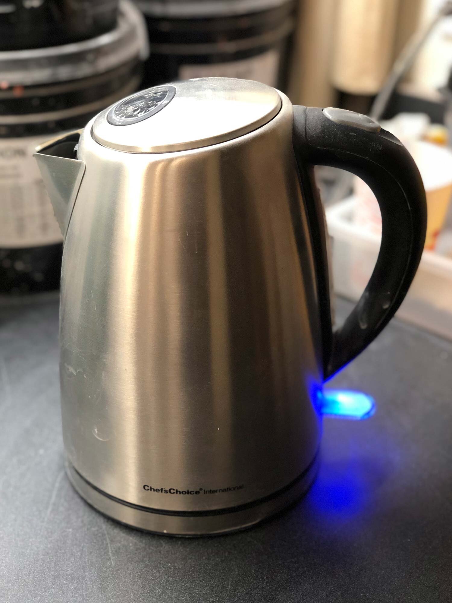The kettle with the blue "on" light
