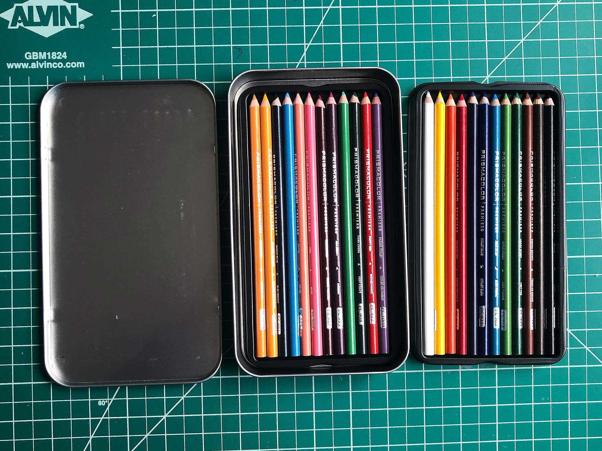 Prismacolor Premier 24 Count has two trays that stack in the hinged tin