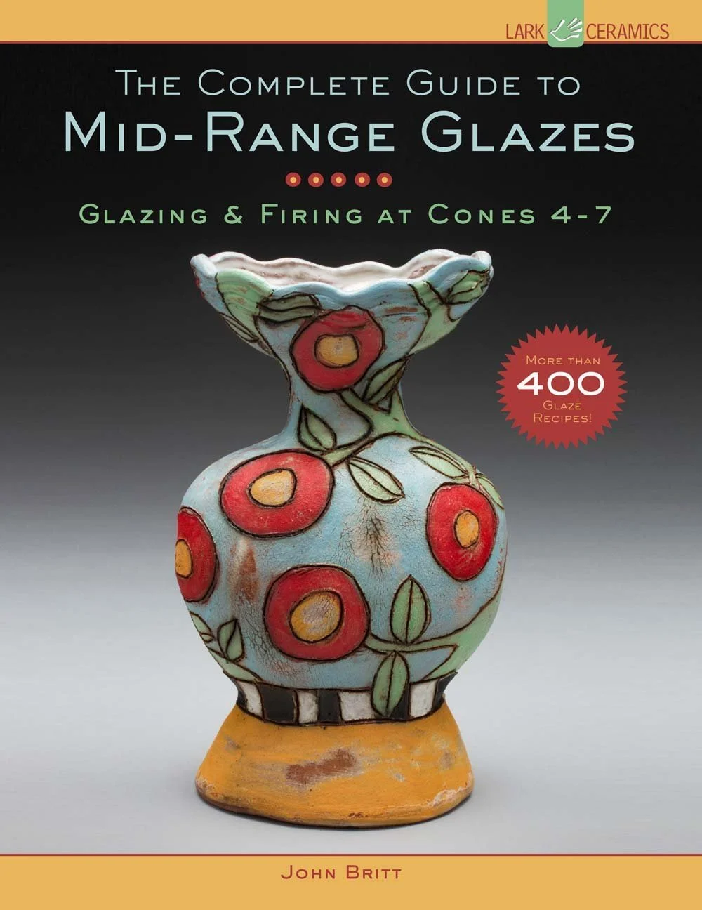 Complete Guide to Mid-Rnage Glazes: Glazing and Firing at Cones 4-7 by John Britt book cover with text and a small multi-color vessel on the cover