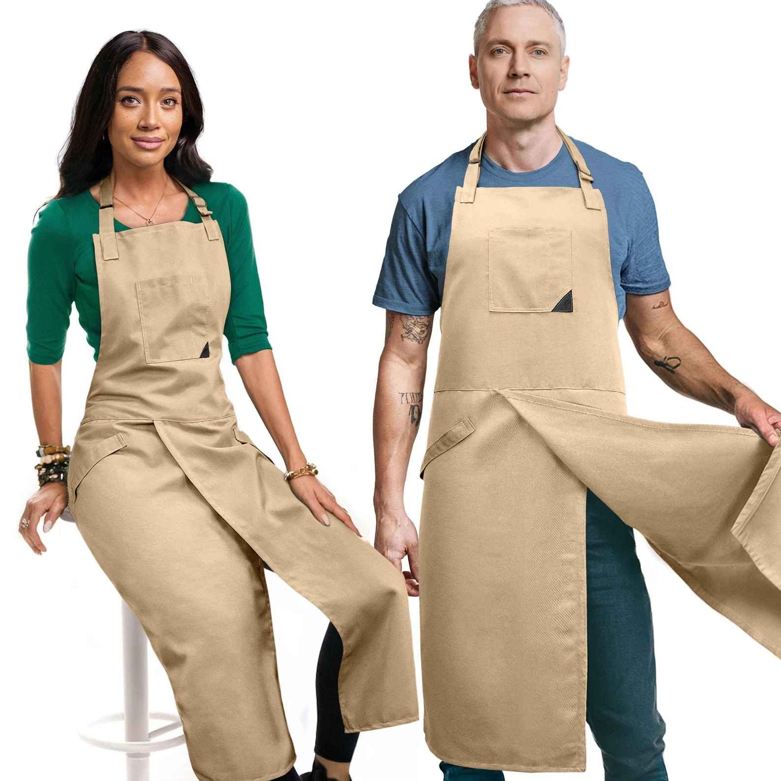 Two peopole modeling a split leg pottery apron in tan