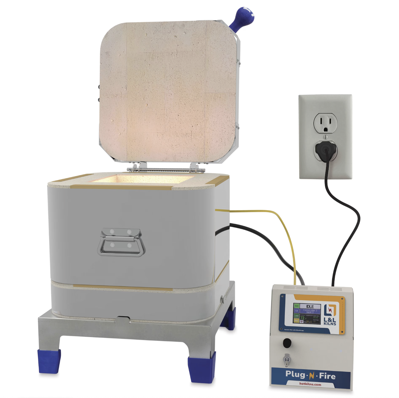 Small L&L brand test kiln with a separate control box and plug that uses a regular household current and plug