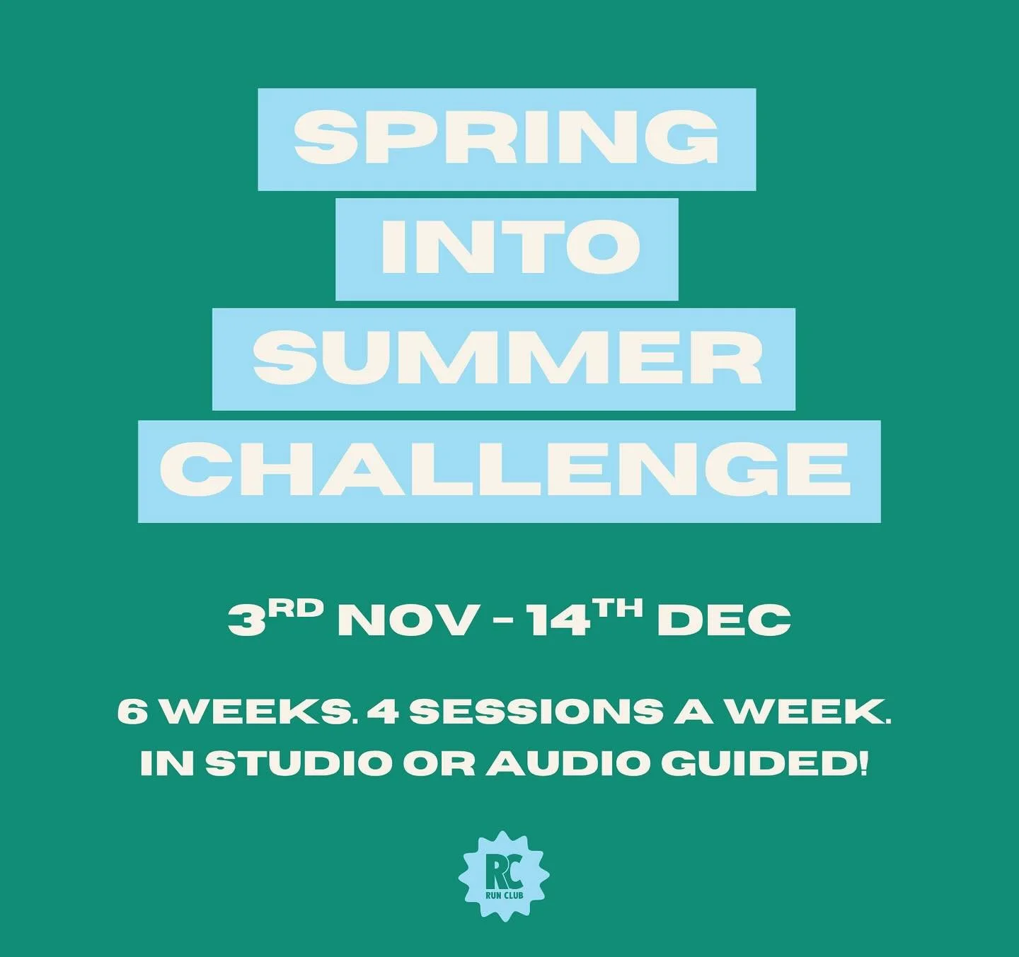 Spring Into Summer Challenge starts Monday! 

6 weeks. 4 sessions a week.
In studio 💪🏽 or Audio Runs 🎧 &mdash; your choice!

Starts Monday, Nov 3 &mdash; the perfect time to reset, refocus &amp; move with purpose ✨

💥 Options:

&bull; In Studio: 