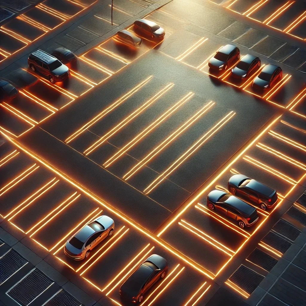 DALL·E 2025-03-20 21.22.03 - An overhead view of a modern parking lot with realistic asphalt and standard layout, but featuring neon orange and yellow lines glowing subtly. The sc.jpg