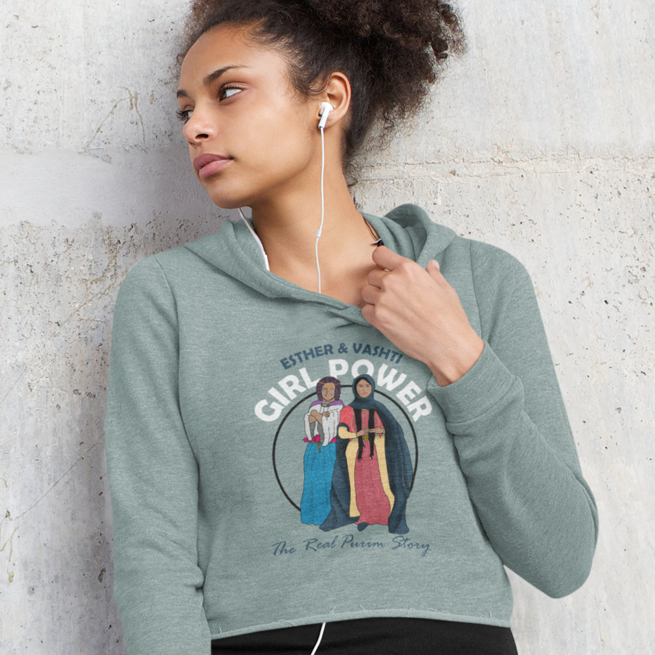 Purim Girl Power Womens Cropped Hooded Sweatshirt