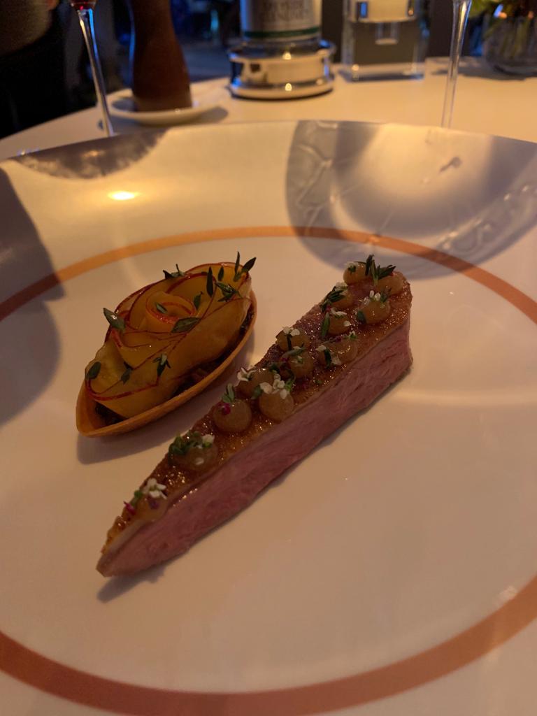 duck and red grapes, thyme, honey, timut pepper