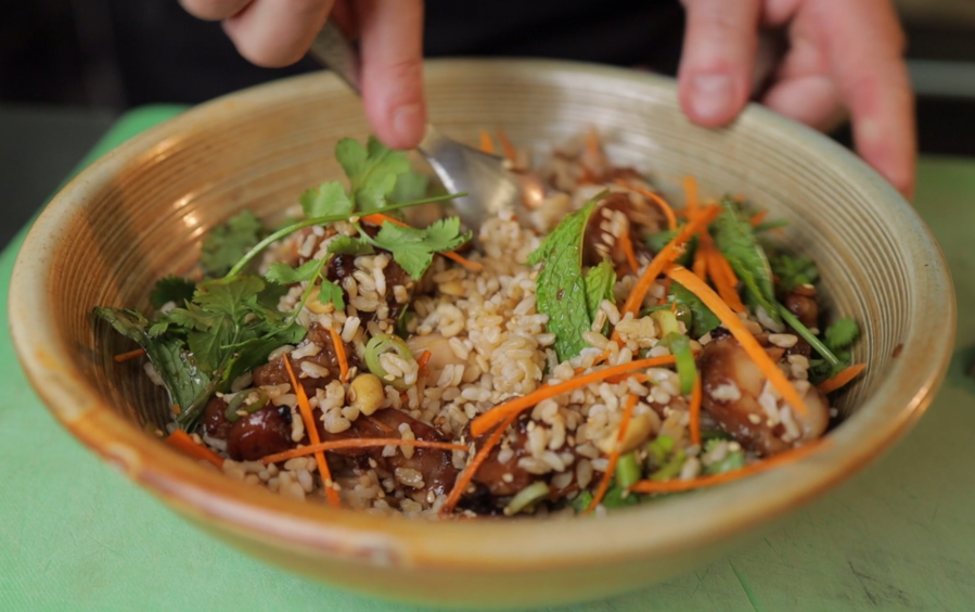 Asian Style Brown Rice with Shredded Chicken