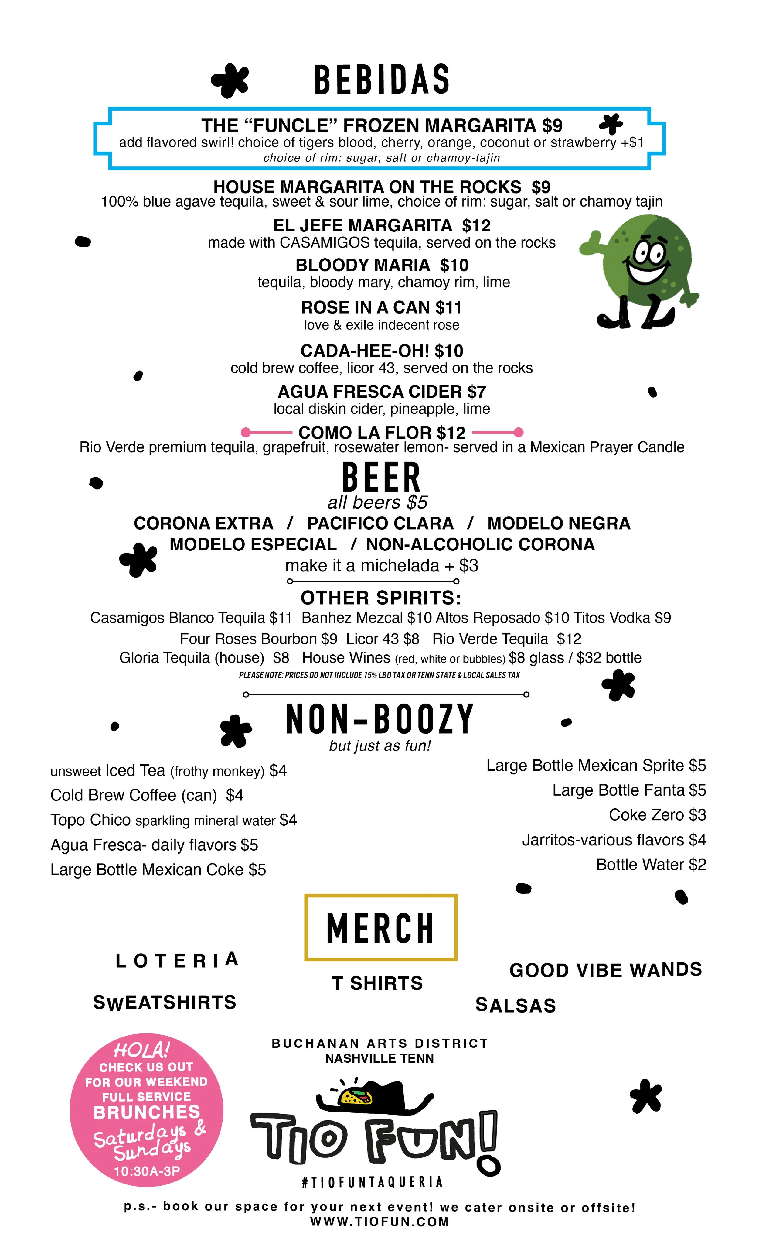 menu featuring frozen margaritas, tigers blood margaritas, strawberry frozen margaritas, cold beers, Bloody Mary, tequila cocktails, vodka drinks, wine by the glass, champagne, rose wine, white wine by the glass, and virgin cocktails. mexican coke