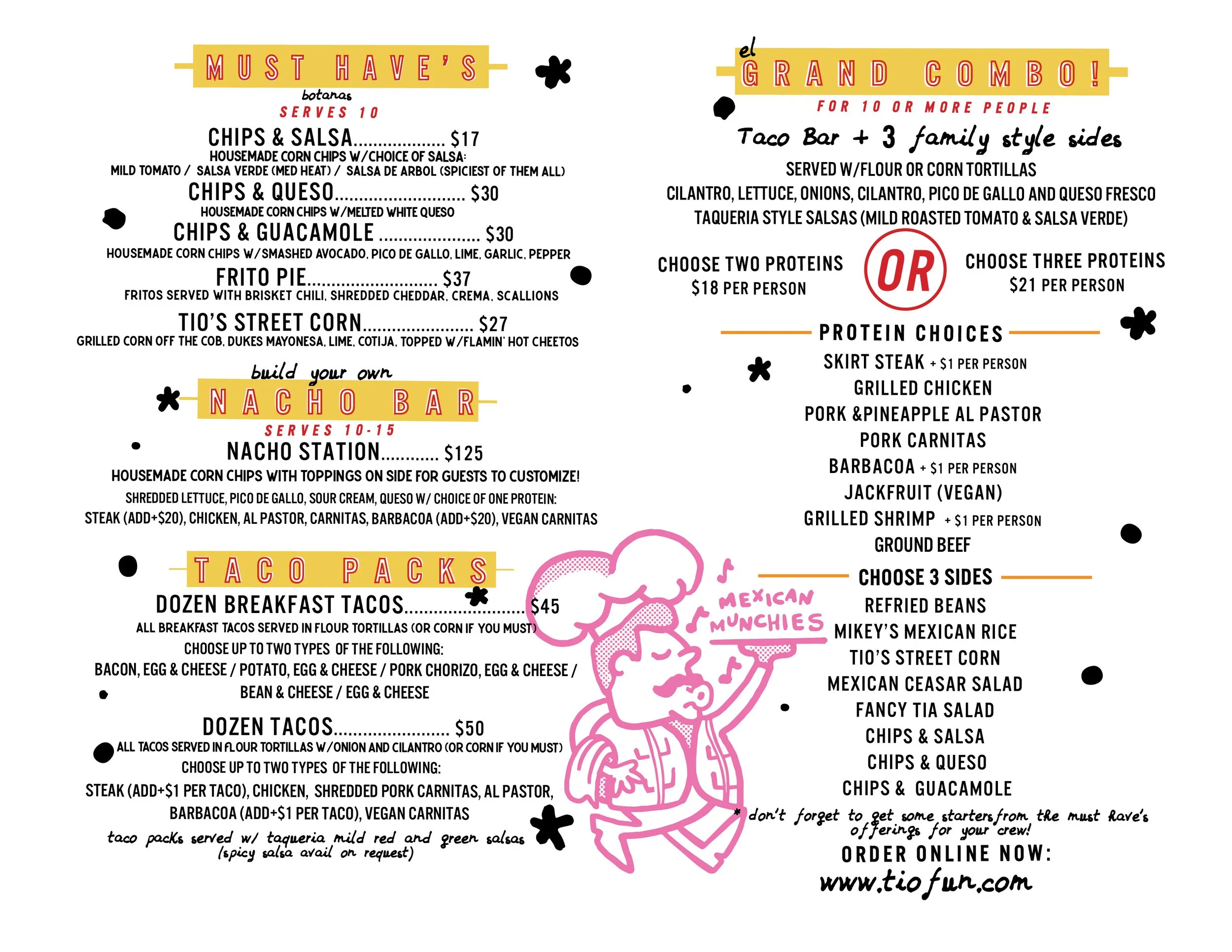 catering menu for large groups of 10 or more. the menu has taco combos, desserts, salads, taco packs for large groups, chips and queso and various nacho toppings station to go