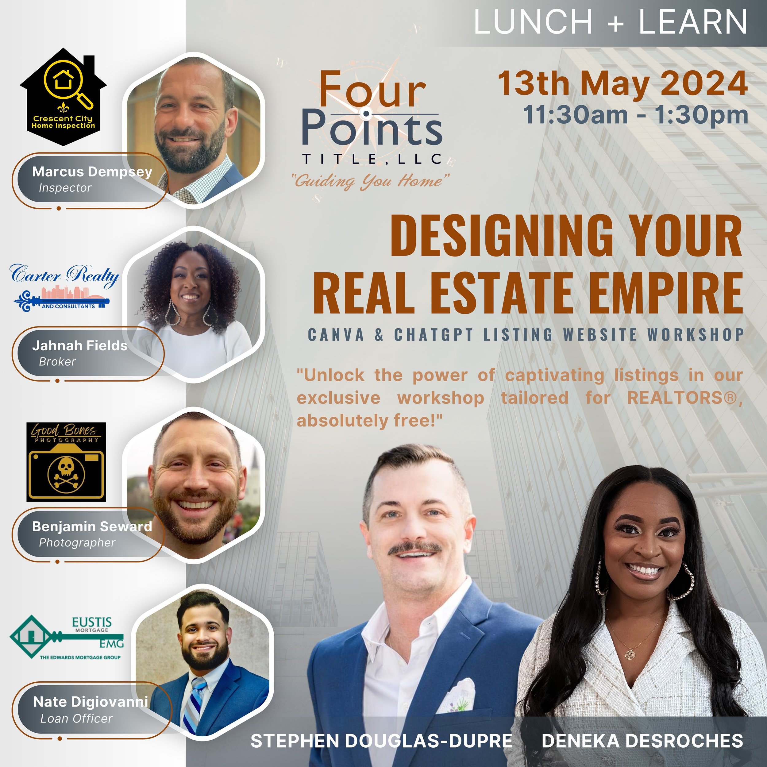 Are you READY TO ELEVATE your real estate game with Canva &amp; ChatGPT?🏡 Join us for an interactive Listing Website workshop on May 13th hosted by Stephen Douglas Dupre @fourpointstitlellc and friends. Lunch, door prizes, and FREE luxury templates 