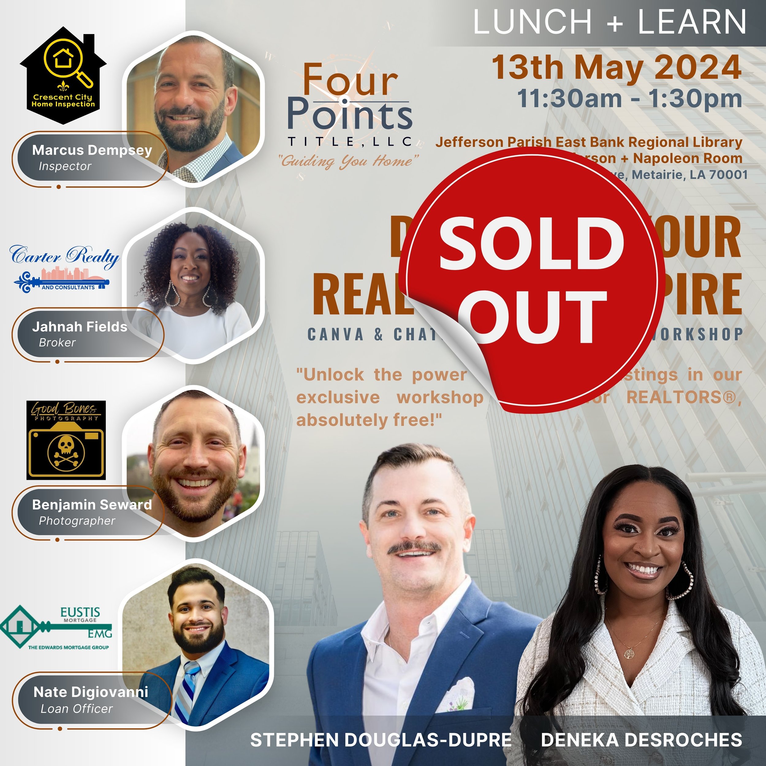 We&rsquo;ve SOLD OUT! REALTORS&reg; get READY TO ELEVATE your real estate game with our Canva &amp; ChatGPT interactive Listing Website workshop today hosted by Stephen Douglas Dupre @fourpointstitlellc and friends. Lunch, door prizes, and FREE luxur