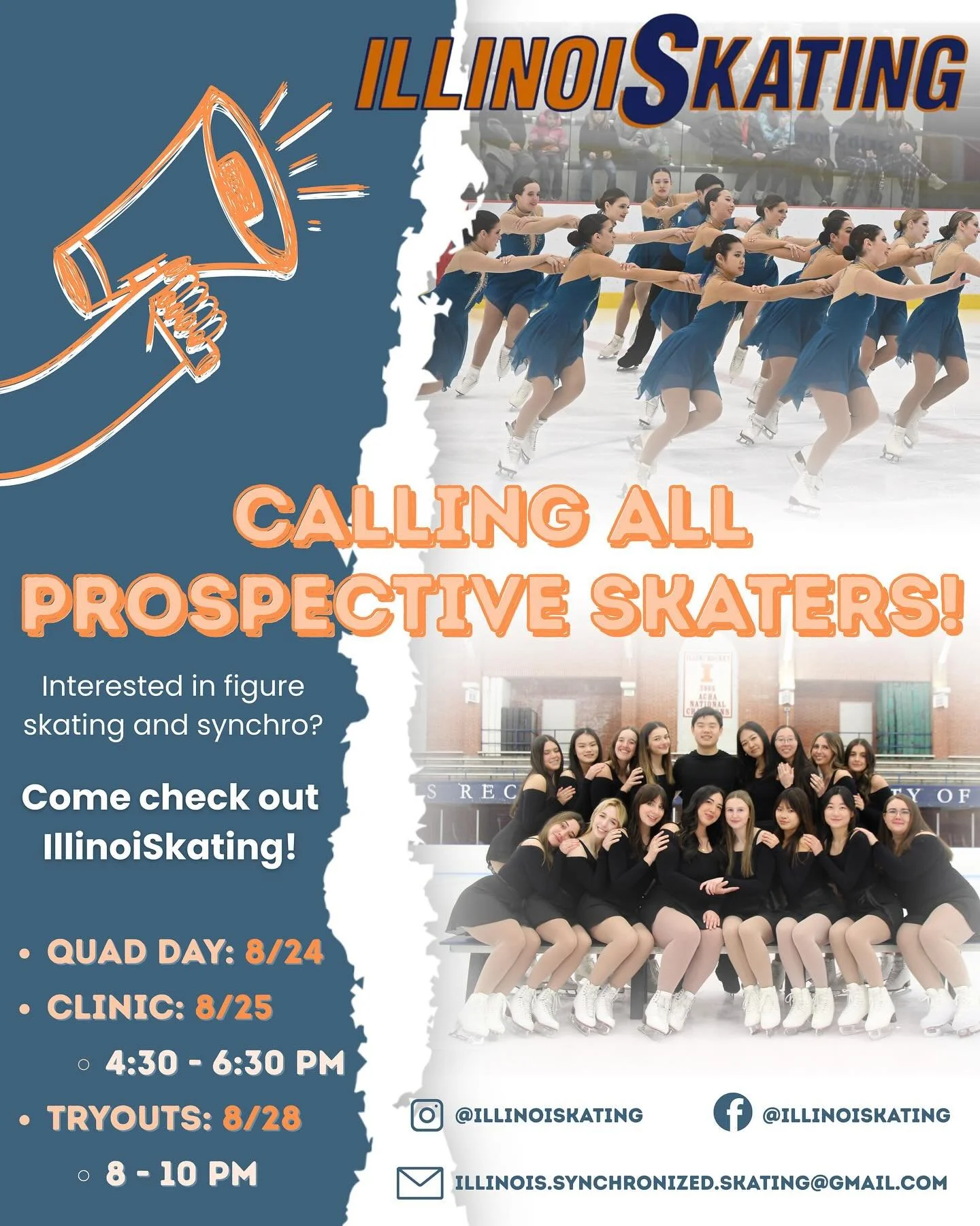 🚨ATTENTION PROSPECTIVE SKATERS🚨Interested in joining IllinoiSkating? Come join us on quad day, clinics, and tryouts to learn more about our team! Booth location will be announced closer to quad day! We&rsquo;re excited to meet all of you ⛸️