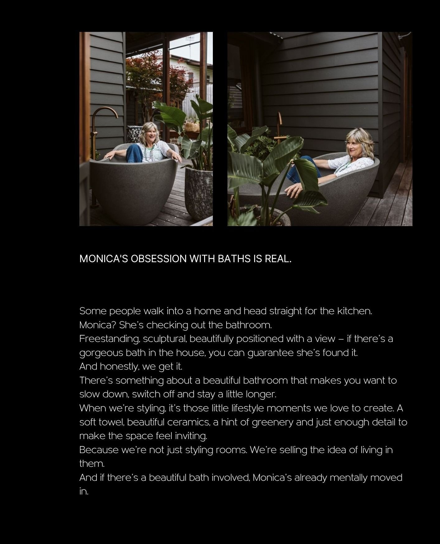 IF THERE'S A BATH, MONICA WILL FIND IT⁠
⁠
It's official. Monica's obsession with beautiful bathtubs is real.⁠
⁠
Give her a freestanding bath, a gorgeous window and a beautiful outlook, and she's already planning a long soak.⁠
⁠
While the rest of us a