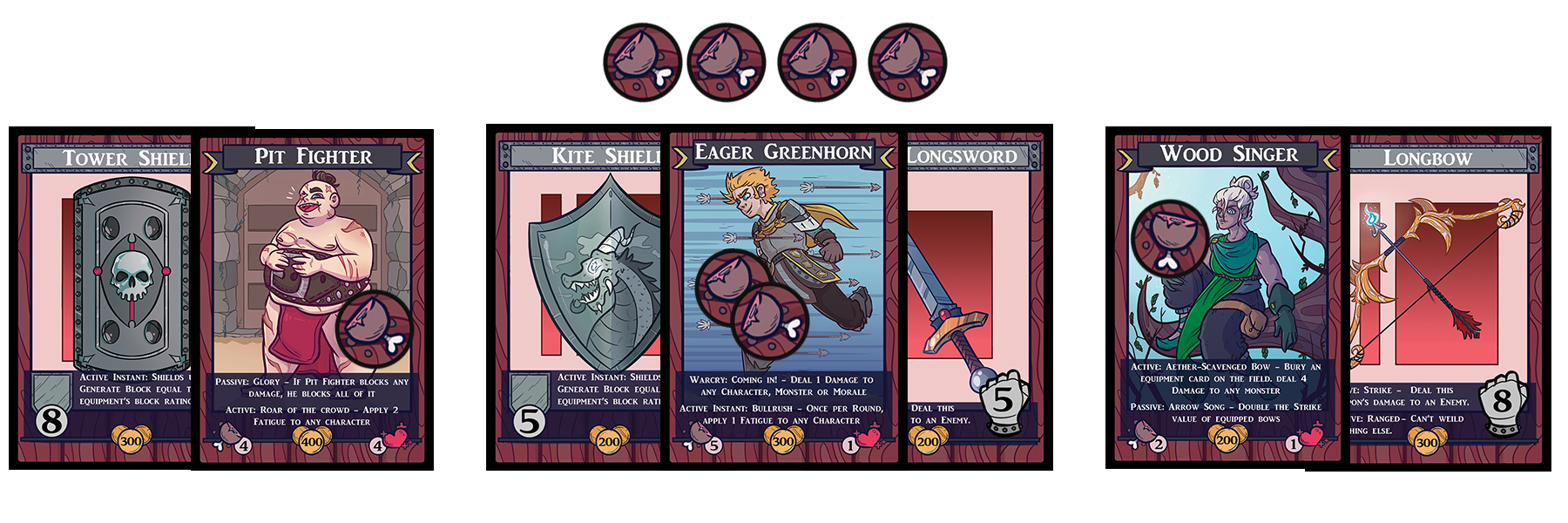 We join this fictional player at the start of their second turn, and they have a pretty nice board set up. The first thing they have done is collect FOUR fatigue tokens , and arranged them along the top of their ‘Field’ (Where they’ll play their heroes at a max of four.) The Pit Fighter on the left has been equipped with a Tower Shield, which allows him to block up to eight points of damage. We can see he’s already taken an action, to either block or perhaps collect a loot card, but he has a Fatigue Rating of four, so he’s good to stay out for a while longer yet. The Eager Greenhorn has a smaller shield and a sword, with two out of five actions taken for him. The cards can be tucked under the Hero card to show they’re equipped with the weapons. Once you deploy a Hero or weapon card, they cannot be swapped out until the Hero leaves the field. The ace up the sleeve for our fictitious player is the Wood Singer . While they only have a Fatigue Rating of two, this card has a passive ability to DOUBLE the attack power of ranged weapons. And it just so happens, this Wood Singer is wielding a Longbow. Sixteen damage in a single action is more than enough to wipe out basic monsters, but when the evolve it may take a few more shots!