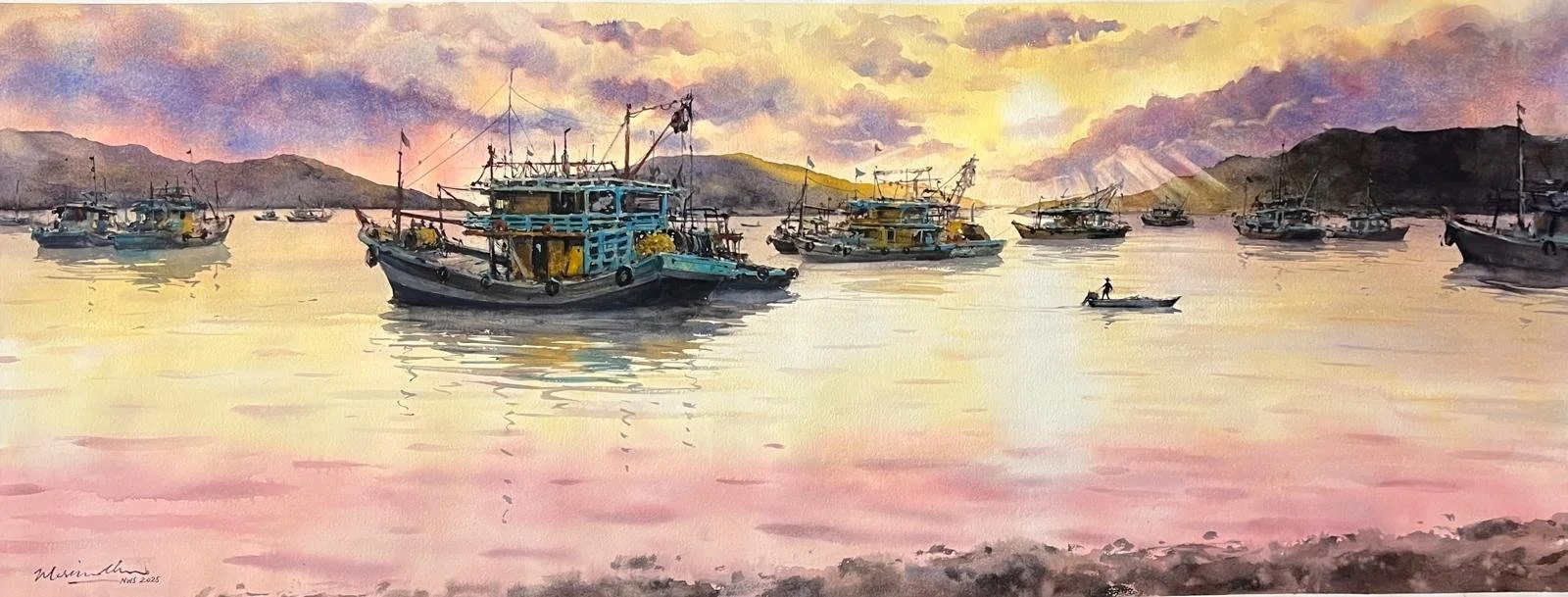 Marvin Chew_Fishing Boat at Dusk_Watercolour on paper_50x130cm_2025.jpg