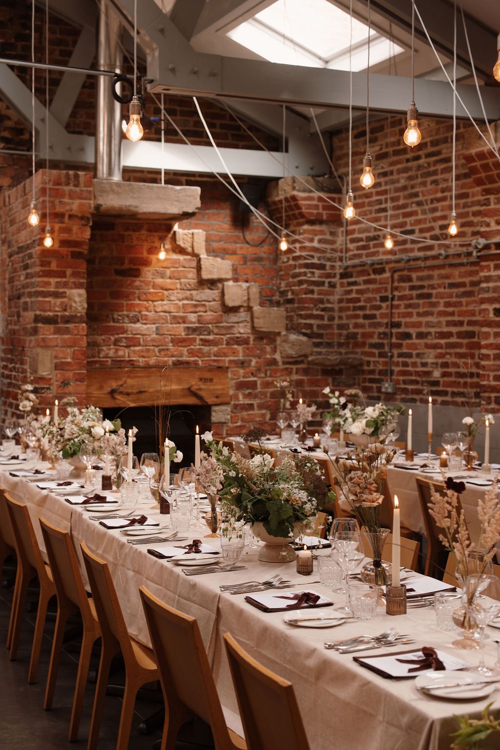 Tablescape by honour farm flowers, with floristry made in Leeds at shears yard wedding venue.