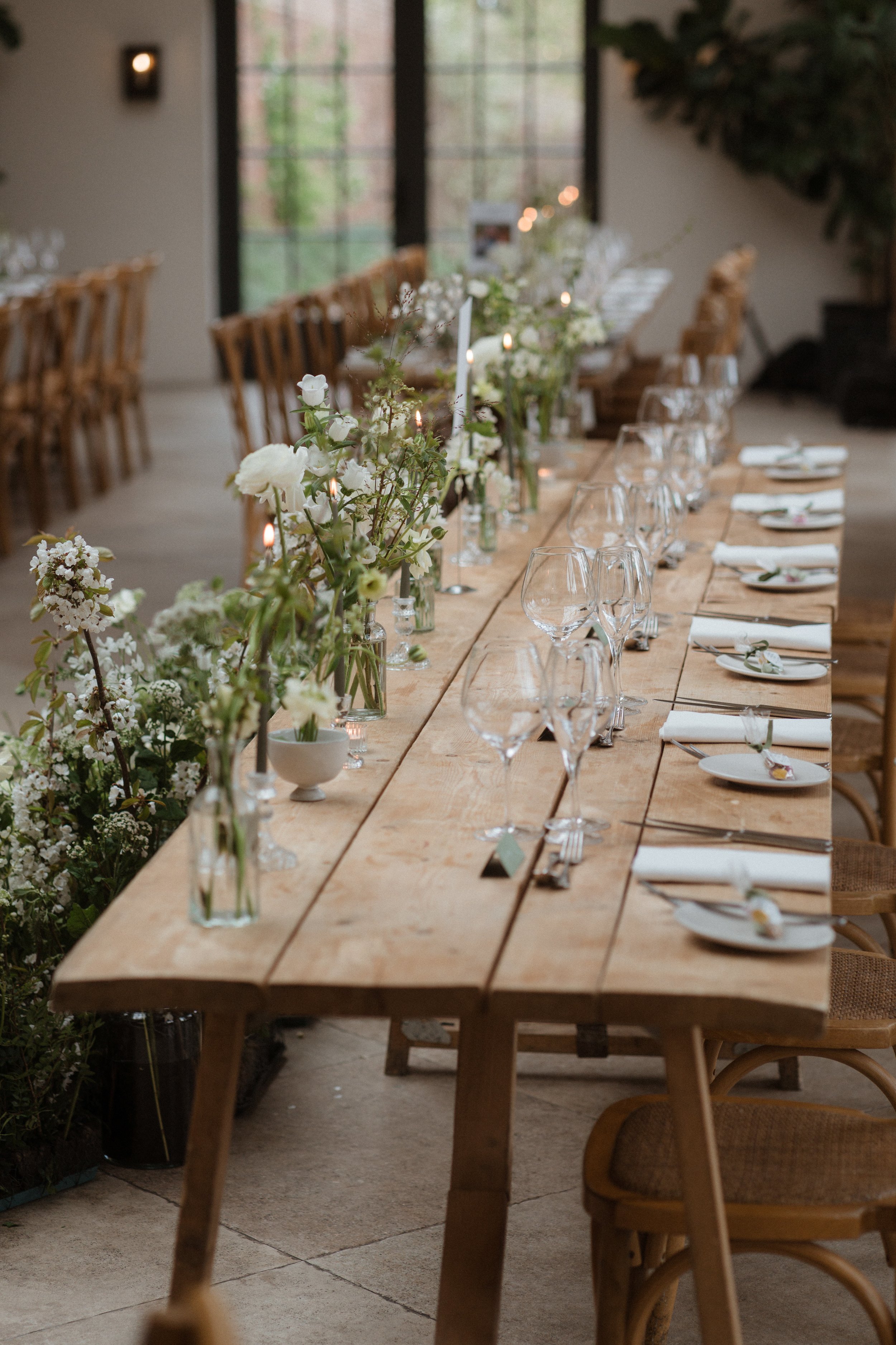 Wedding tablescape design by Honour Farm Flowers for wedding at The Fig House, Middleton Lodge. Honour Farm Flowers creates floral arrangements using seasonal blooms from their cut flowers garden in west yorkshire and ilkley studio.