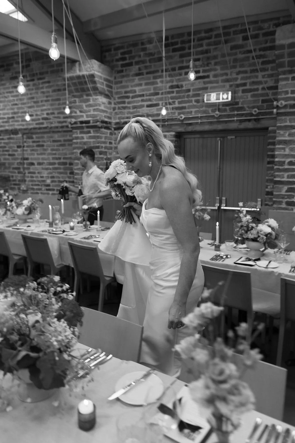 Wedding floral design by honour farm flowers for wedding at shears yard in leeds, brides first look.