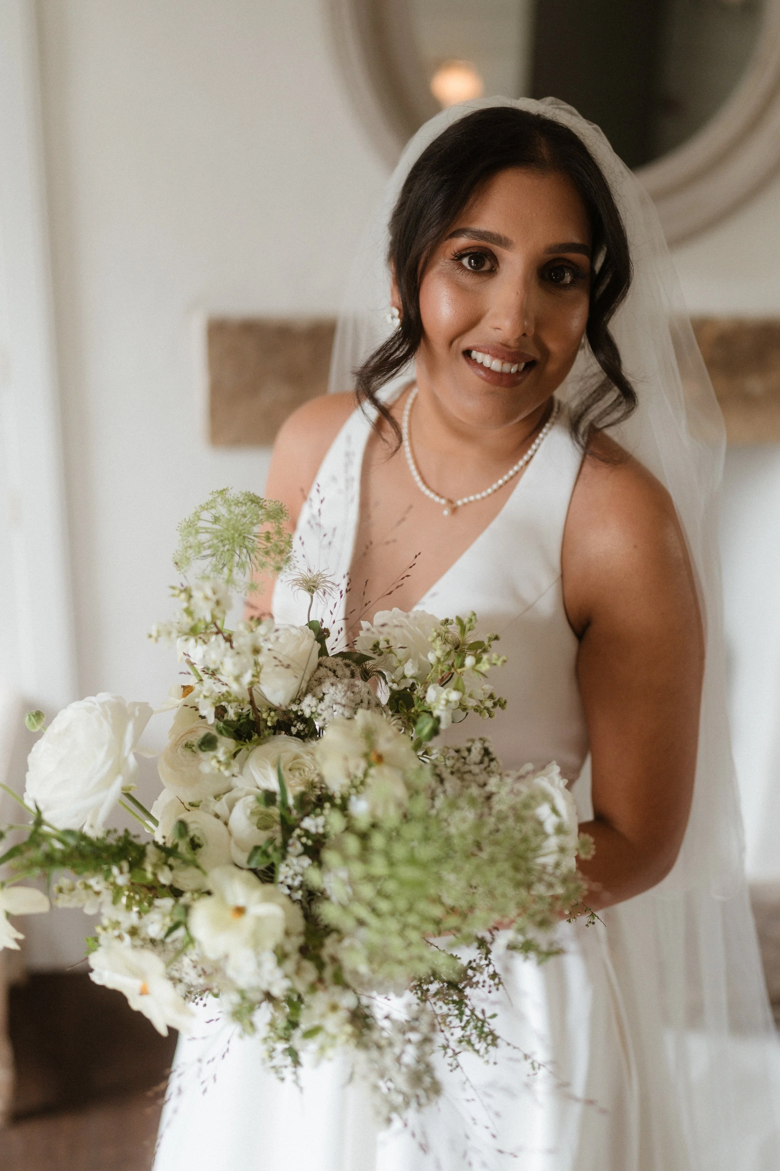 Wedding flowers created by Honour Farm Flowers for bride at The Fig House, Middleton Lodge.