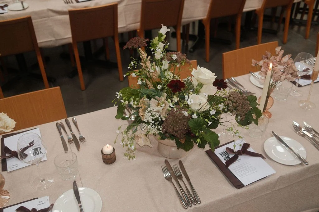 Bespoke floral arrangements for leeds city centre wedding at shears yard made by hattie shackleton of honour farm flowers.