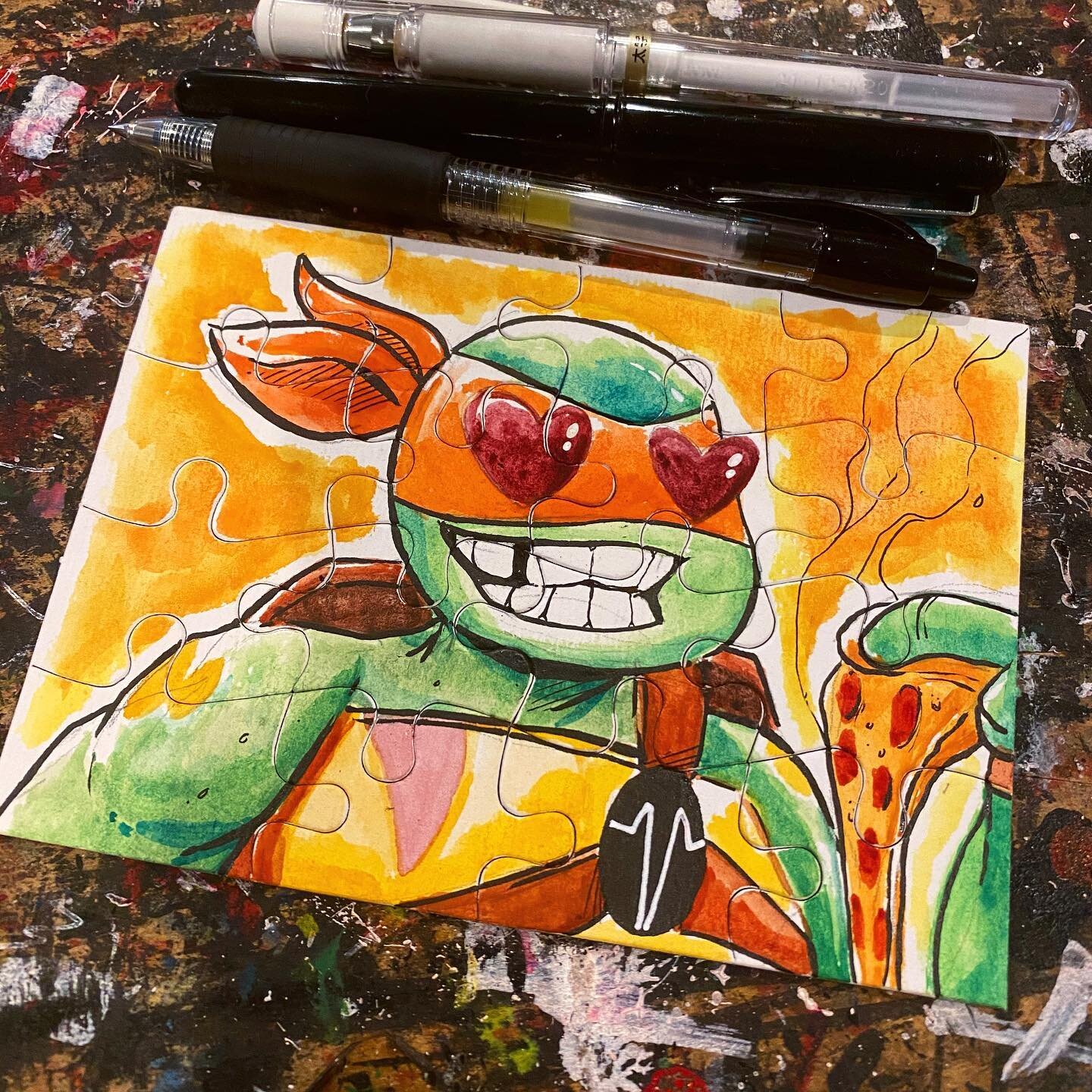 &lsquo;za 🍕 #Mikey #PuzzleBORED #commission #ink #watercolor #TMNT