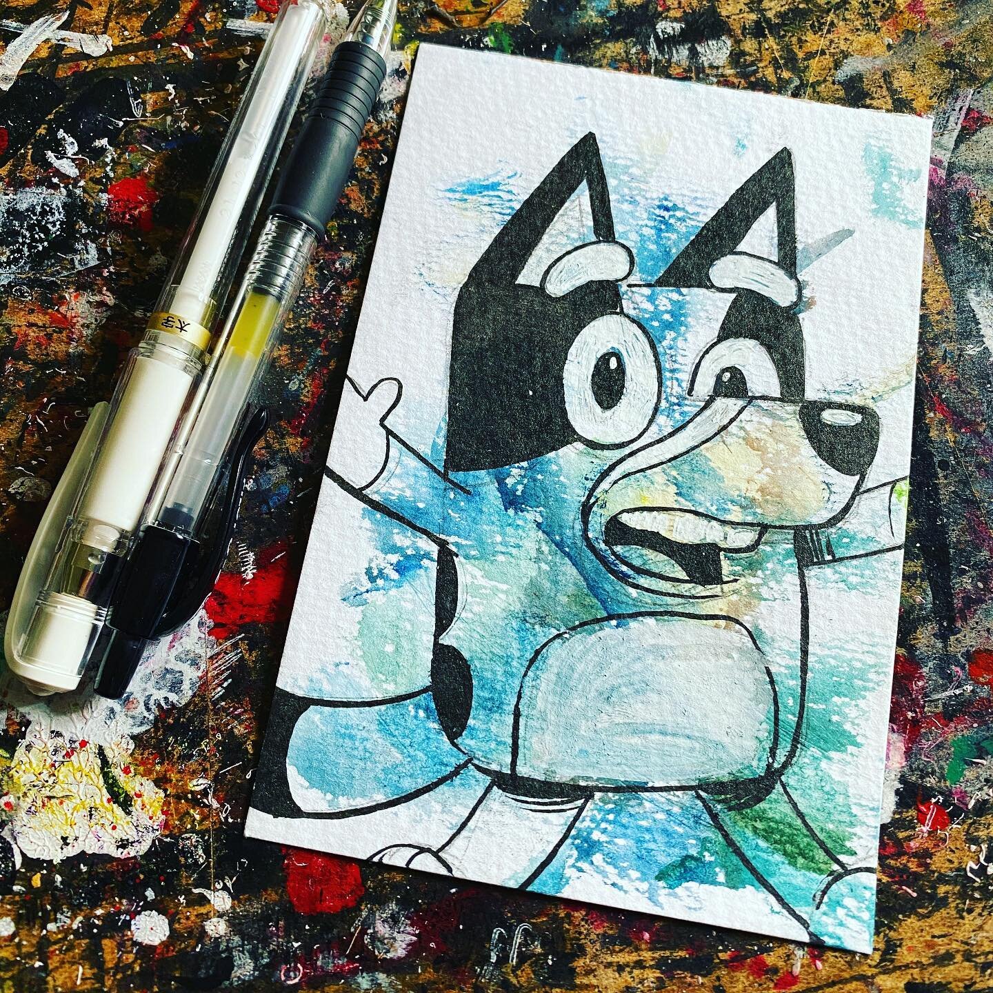 My first art jam w/ the kid. She did the #watercolors and I did the #inks. #Bluey