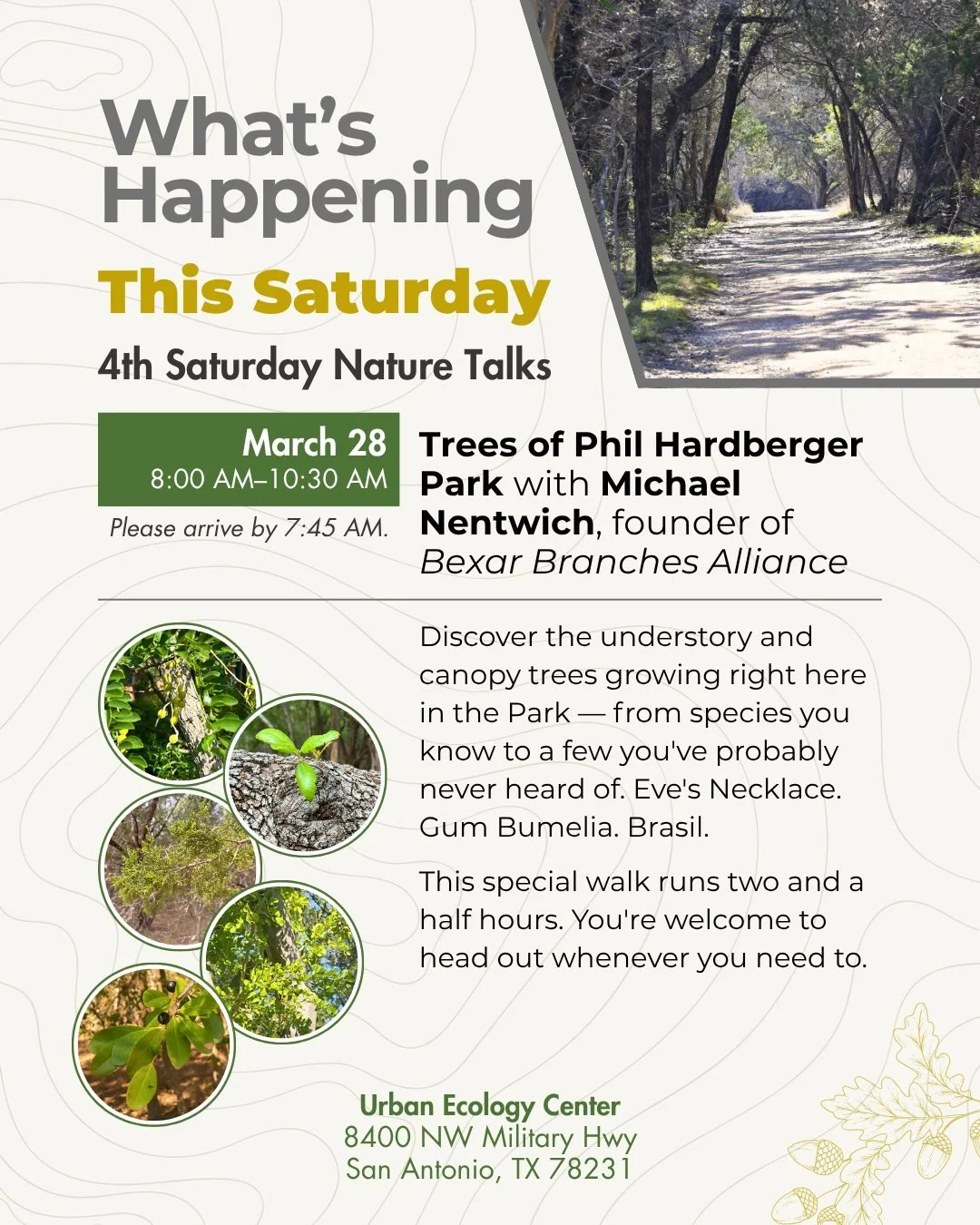 How many trees can you name in Phil Hardberger Park? After this Saturday, a lot more.

Join us for a special extended Nature Walk led by Michael Nentwich, president and founder of @bexarbranches Michael was San Antonio's first City Forester, and he h