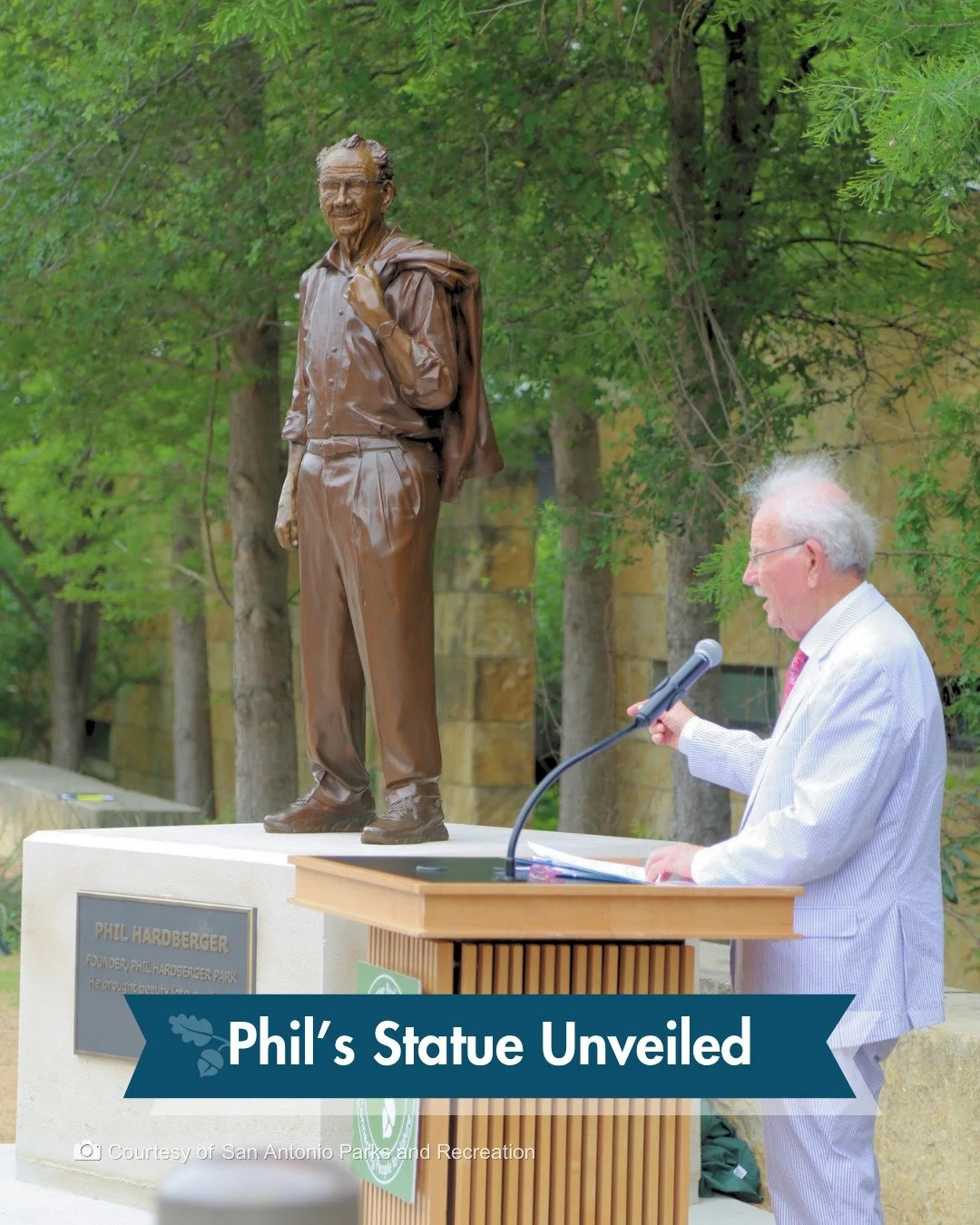 At 91, former Mayor Phil Hardberger still walks these trails. Now his welcoming spirit has a permanent home here, too.

A bronze statue in his honor has been unveiled at the Urban Ecology Center, a tribute to the man whose vision turned a historic da