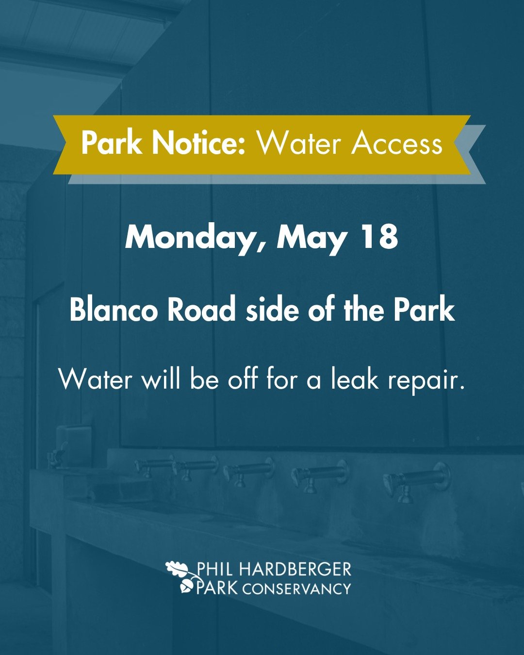 Heads up!

Water will be shut off on the Blanco Road side of the Park this Monday, May 18, while crews take care of a leak repair.

Thanks for your patience!