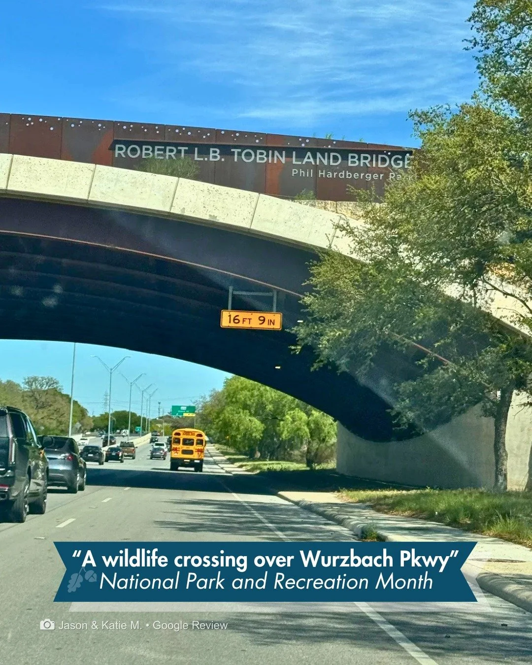 Green space, right over the road.

As National Park and Recreation Month continues, we're celebrating with what visitors are saying about us on Google Reviews.

"Love there is a wildlife crossing over Wurzbach Pkwy. Great place to get into some 