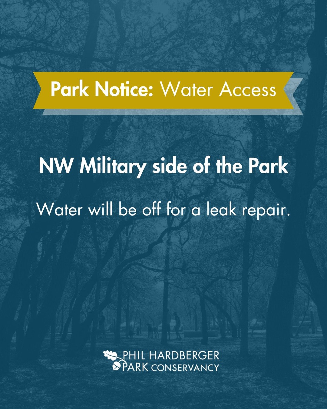 Heads up!

Water is temporarily shut off on the NW Military side of the Park while crews repair a leak. This impacts the dog park, water fountains, and maintenance building. Water access at the Urban Ecology Center should not be impacted.

This post 