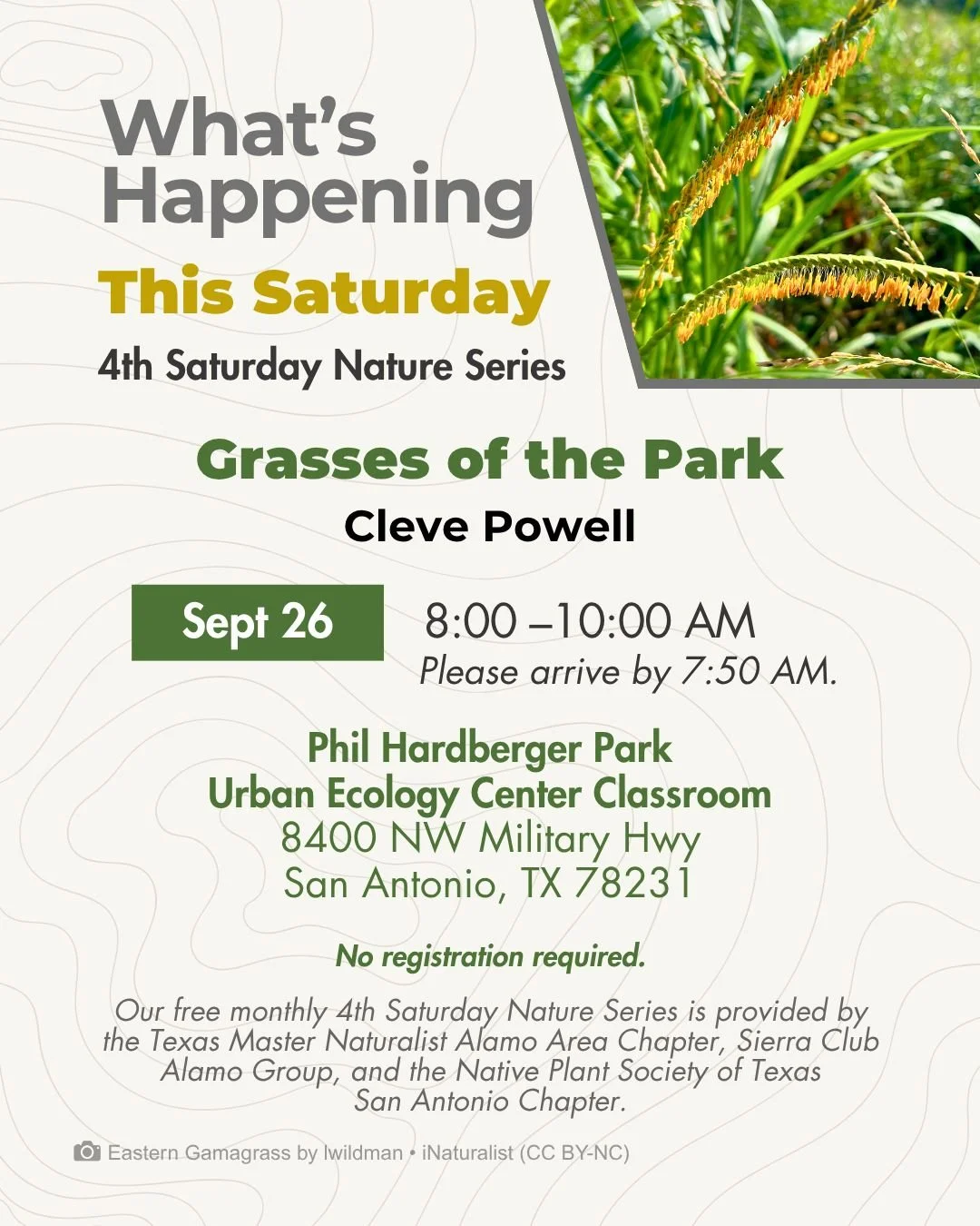 Most people can't tell one grass from another. After this walk, you'll be able to recognize a few growing right here in the Park, and you'll get to see firsthand how the Savanna is coming along.

This Saturday, Cleve Powell, a member of the Native Pl