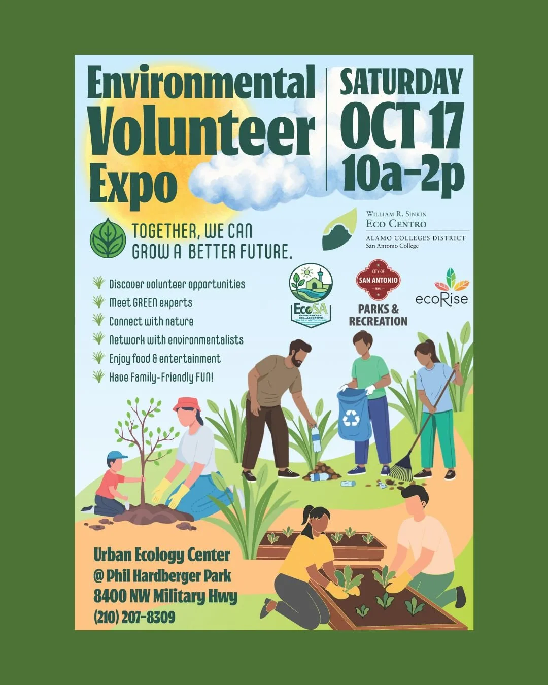 Organizations working to protect San Antonio's environment want to meet you.

The Environmental Collaborative of San Antonio (EcoSA) is hosting a free, family-friendly Environmental Volunteer Expo this Saturday at the Urban Ecology Center. Walk the t