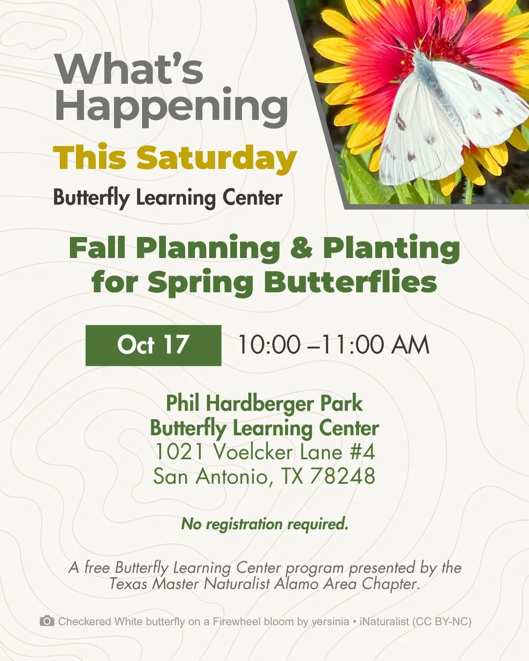 Want more butterflies next Spring? Start digging now.

This Saturday, stop by the Butterfly Learning Center to find out what to plant now for a garden that&rsquo;ll be buzzing come Spring, and how a few of the right choices can bring in the native wi