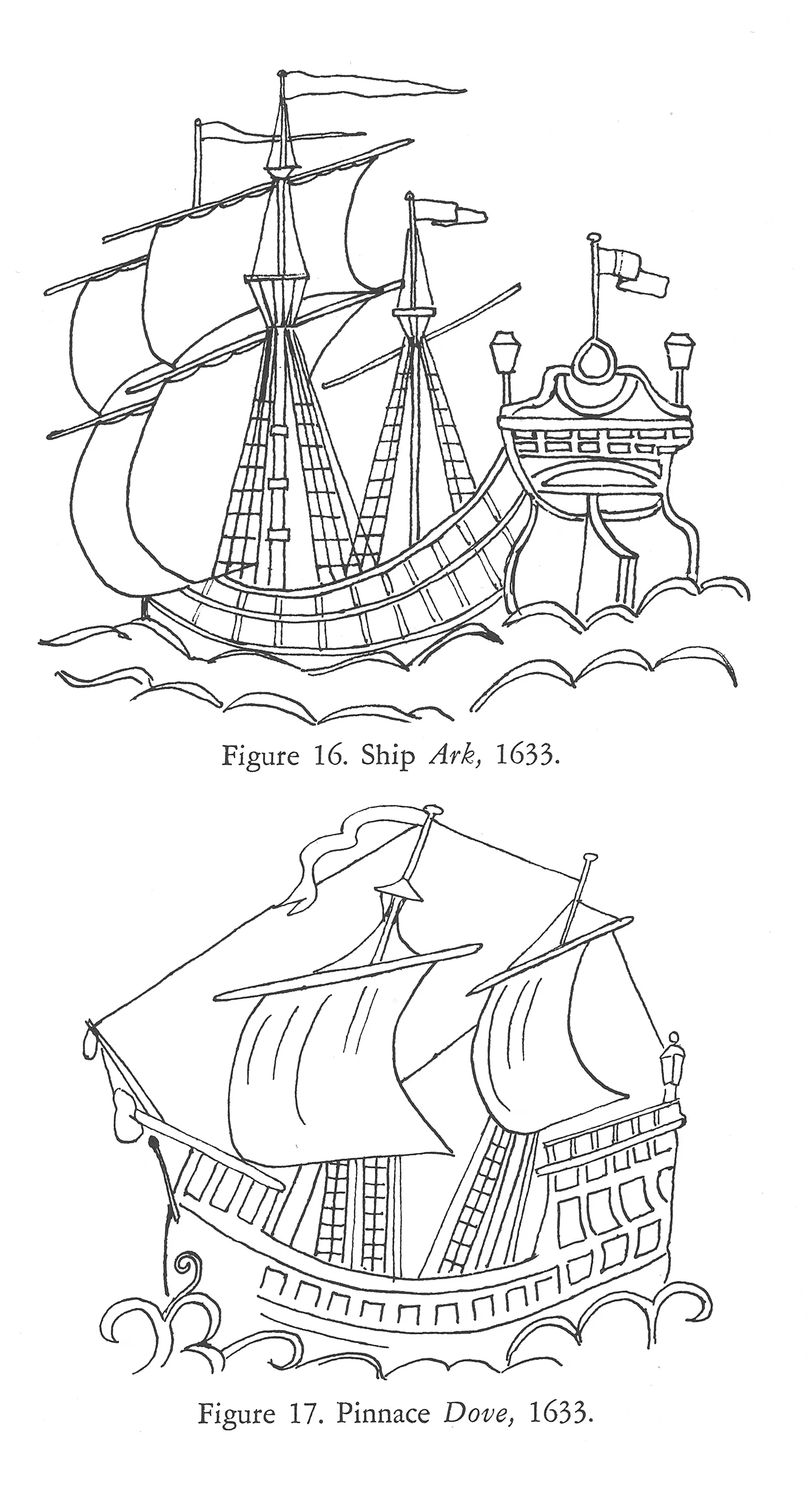 Pen-and-ink drawing of plaster ornaments that adorn Hook House, home of Anne Arundell Calvert in Tisbury, Wiltshire, England. Figures 16 and 17, Colonial Vessels: Some Seventeenth-Century Ship Designs (1962), William A. Baker. Barre Publishing.