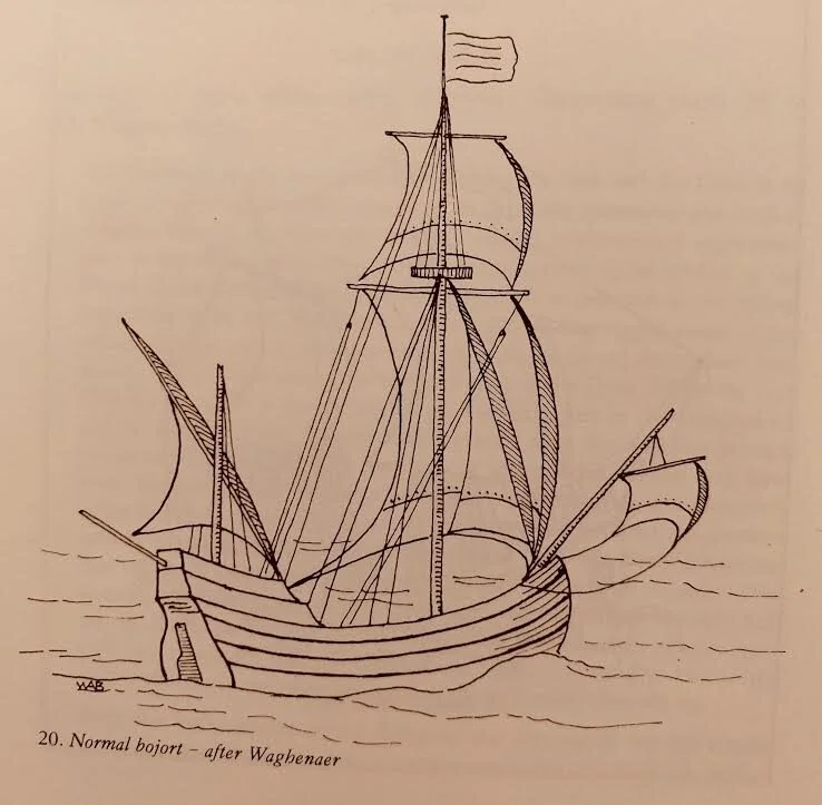 Lucas Waghenaer’s illustration of a square bojort (1584). (Baker, William A. The Mayflower and other Colonial Vessels)