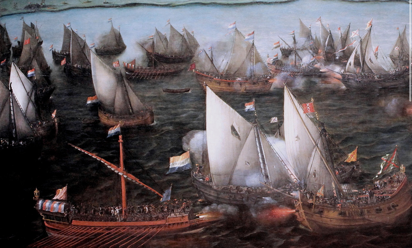 Hendrick Cornelisz Vroom. 1566-1640. Battle between Dutch and Spanish ships on the sea of Haarlem in 1573. Note the square sterned boyer top center as well as the dominance of the sprit rig type in this collection of fore and aft coasting vessels. Bottom left we have a Spanish “galley” a common Mediterranean type carrying a large lateen and dozens of rowing stations. The lateen sail replaced the square sail in the med by the 6th century and would come to be the primary aft most sail on northern European vessels all the way to the 18th century. The lateen is thought to have been the first fore and aft sail. Lateen comes from the french “latine” which simply means “latin”. Vroom may be one of the most helpful painters to study as he fits squarely within the time period of the original Dove. Compare this image with Willem van de Velde the Younger below.