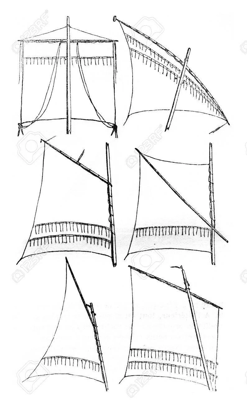 A key for sail types: R to L, top to bottom: square, lateen, gaff, sprit, gunter, and standing lug