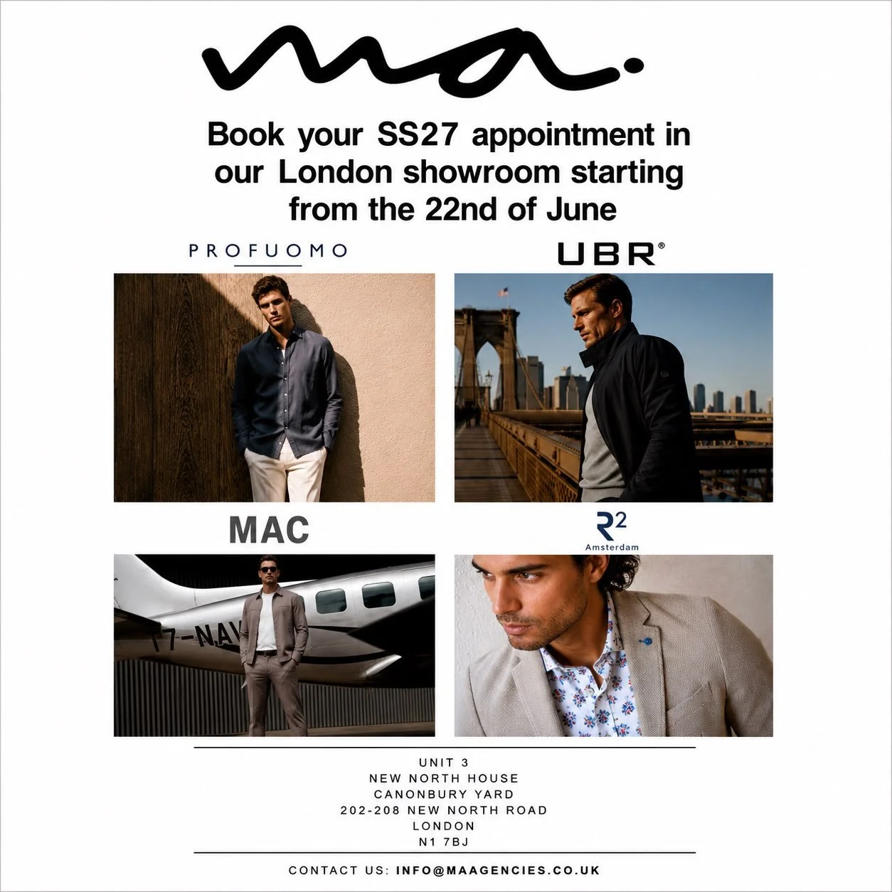 Book your SS27 appointment in our new London showroom. Get in touch at info@maagencies.co.uk 

#ss27 #profuomo #ubr #mac #r2