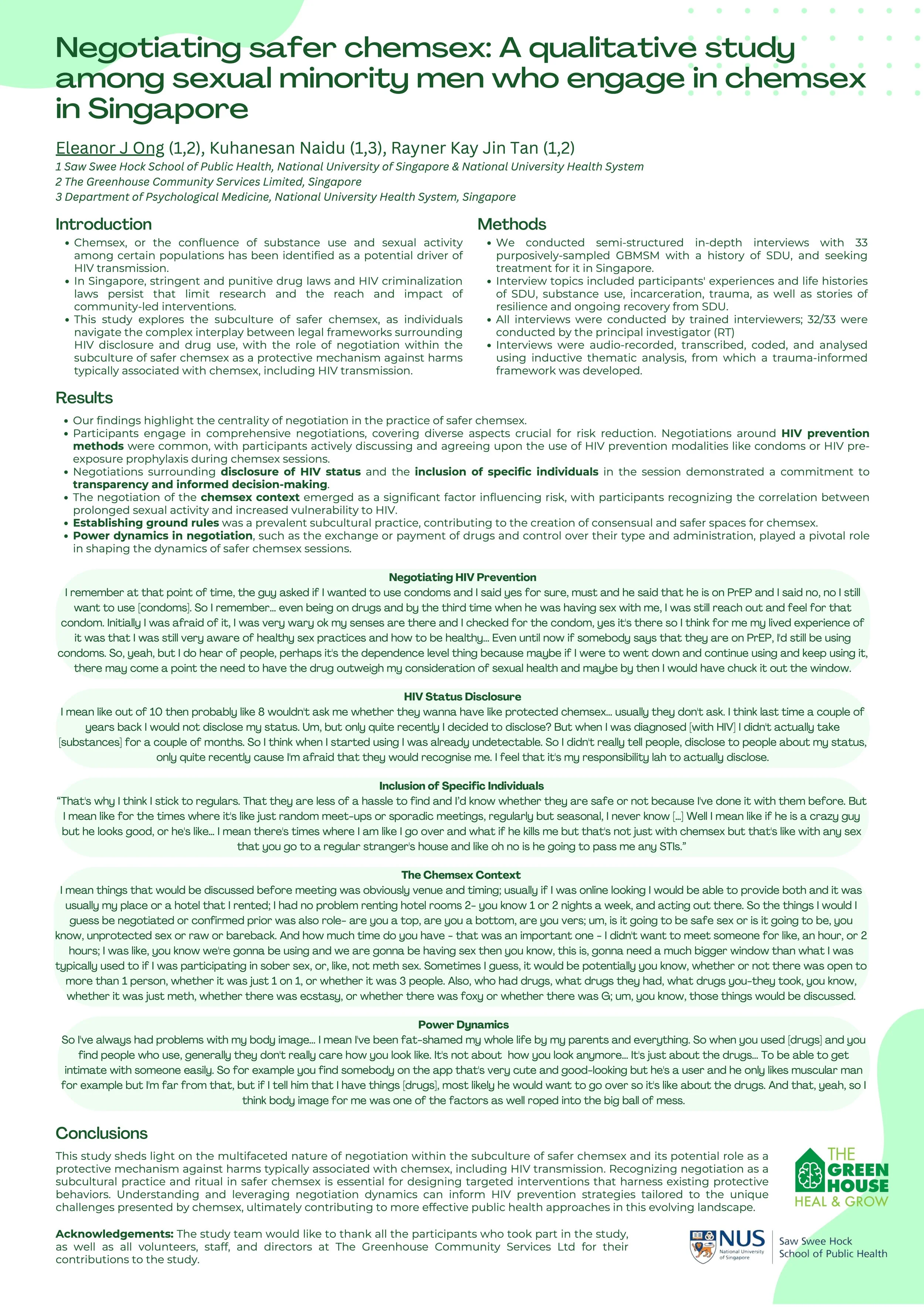 Negotiating safer chemsex: A qualitative study among sexual minority men who engage in chemsex in Singapore (Poster)