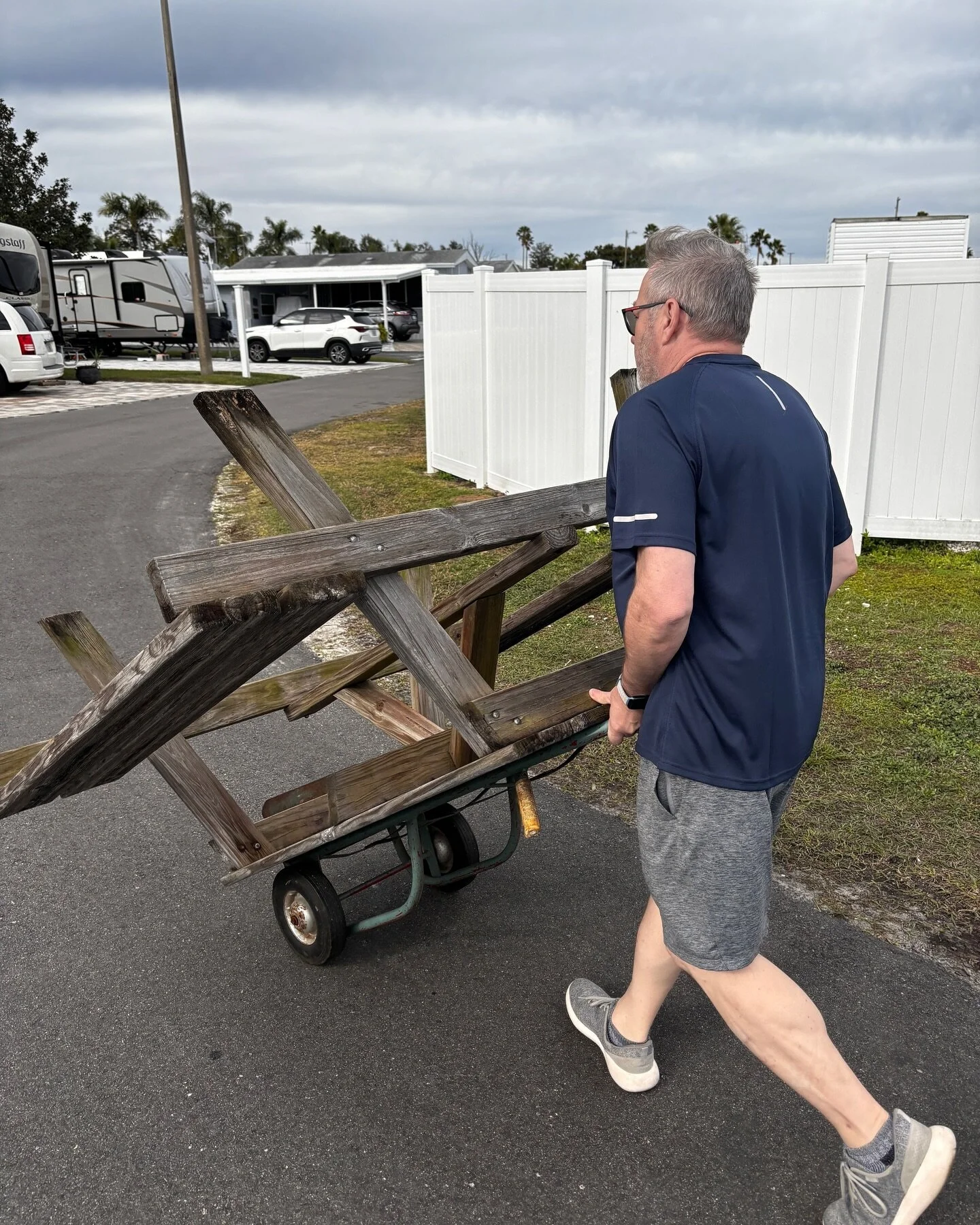 The RV park had a bunch of old picnic tables lined up for disposal, we saw a sort of useable one and asked if we could have it. They said yeah so now we&rsquo;re wheeling a picnic table around the park on a hand cart.
