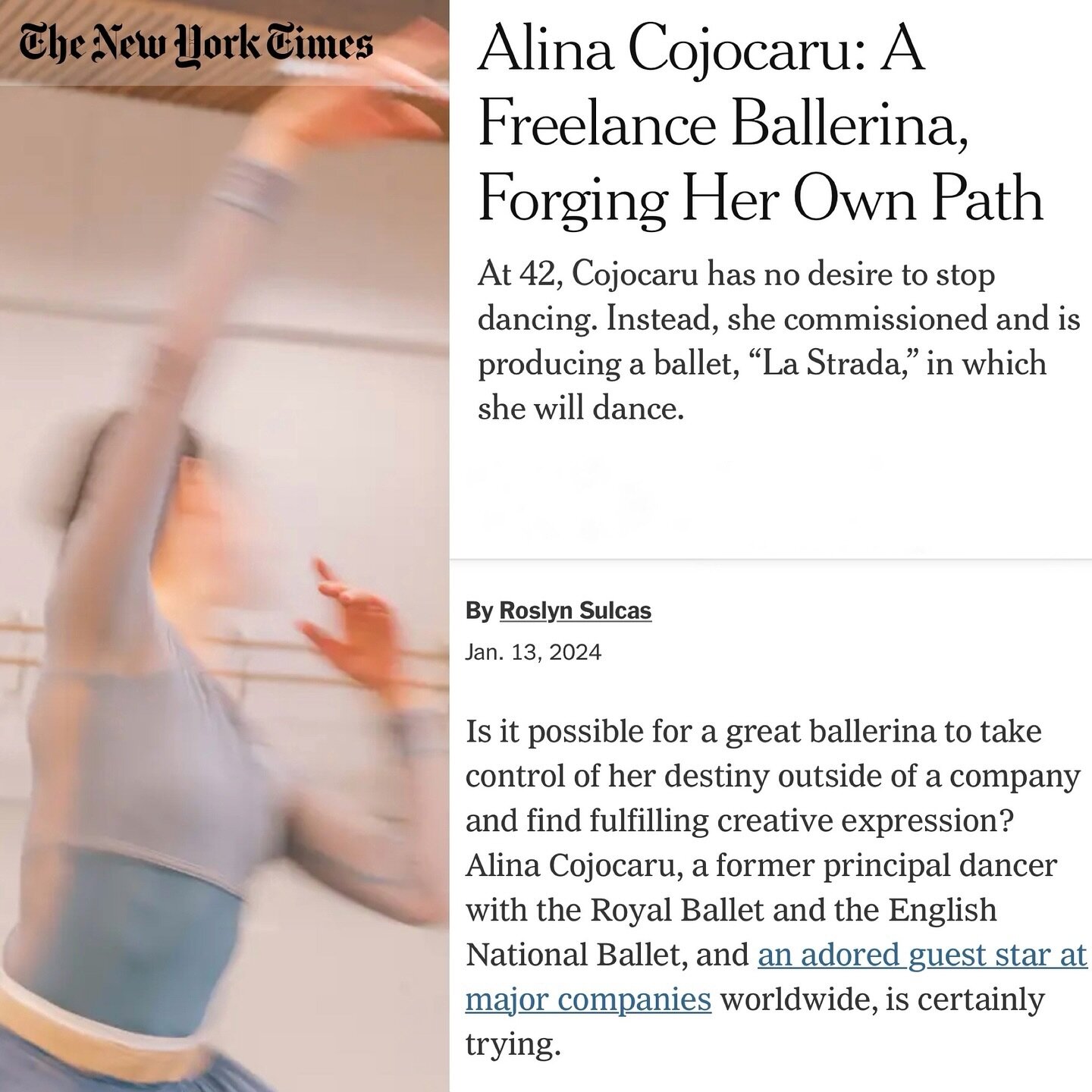 Another lovely interview with @dancingalinaofficial with the @nytimes all about bringing La Strada to @sadlers_wells from the 25-28 January. Don&rsquo;t miss it! Link in bio to read the full interview.