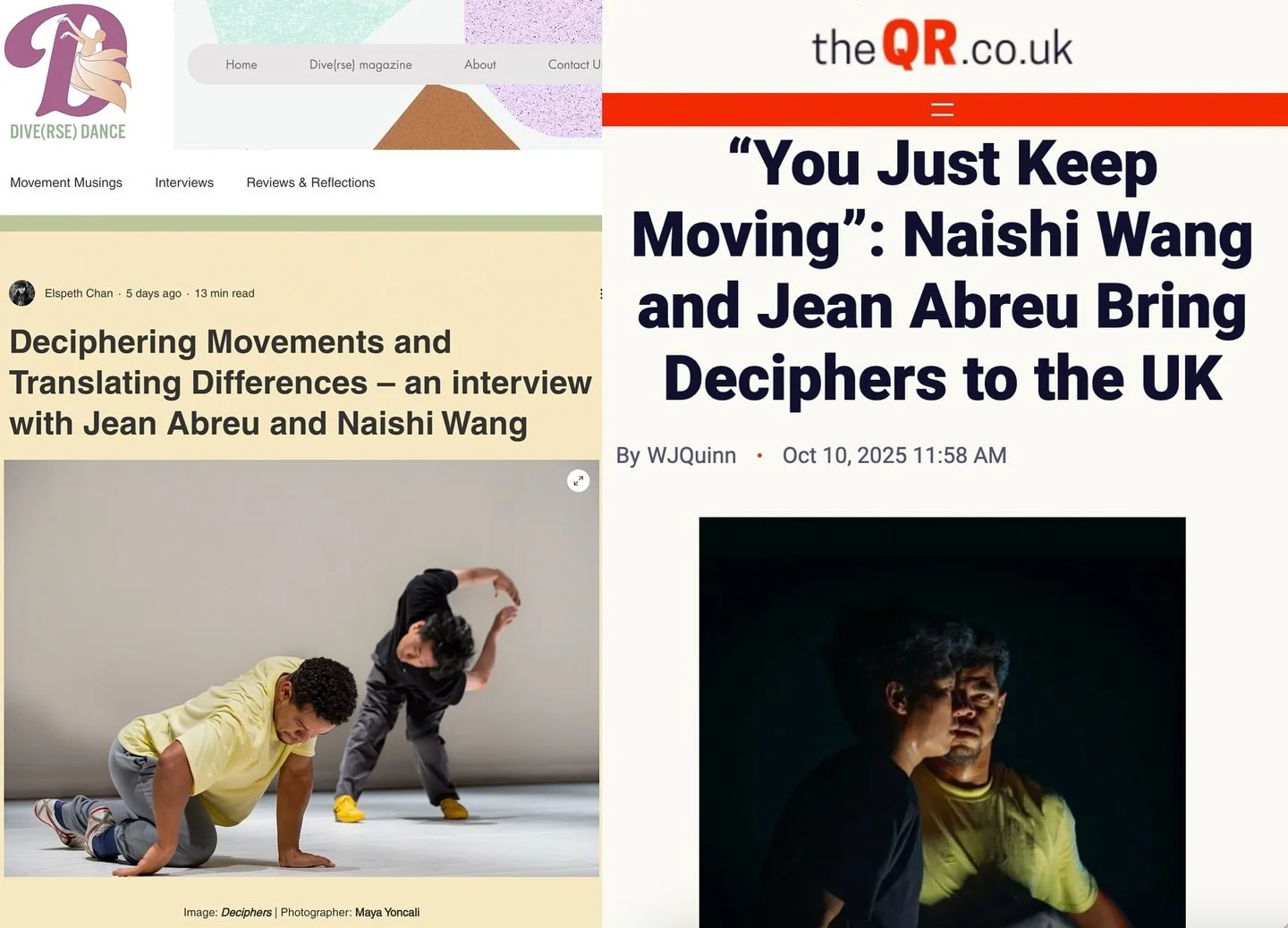 Ahead of the UK premiere of Jean Abreu &amp; Naishi Wang&rsquo;s Deciphers tonight at The Coronet Theatre, they sat down with @divedance.uk and @the_quinntessential_review to chat about bringing the show to the UK for the first time.