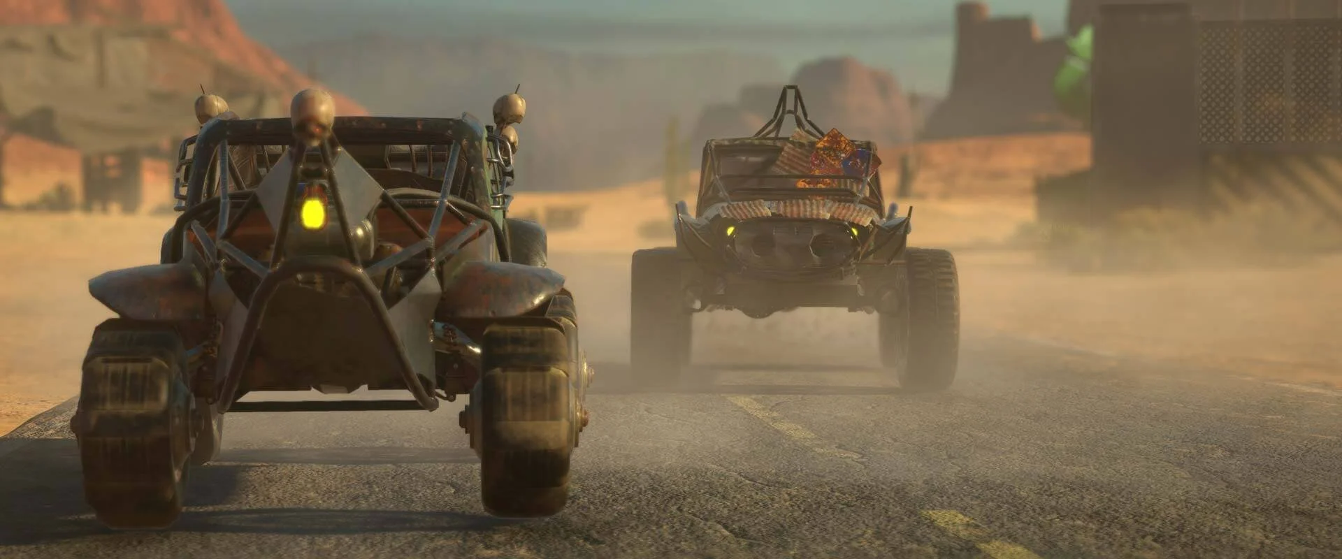 Vroom Kaboom screenshot Mad Max style cars racing towards camera .jpg