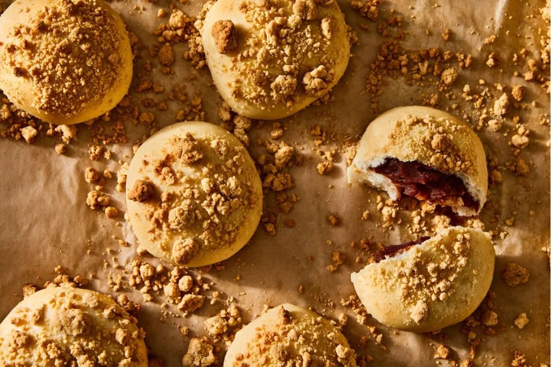 Food 52: Soboro-ppang (Peanut Streusel Buns) With Red Bean. PHOTO BY JULIA GARTLAND. PROP STYLIST: BROOKE DEONARINE. FOOD STYLIST: SAMANTHA SENEVIRATNE.